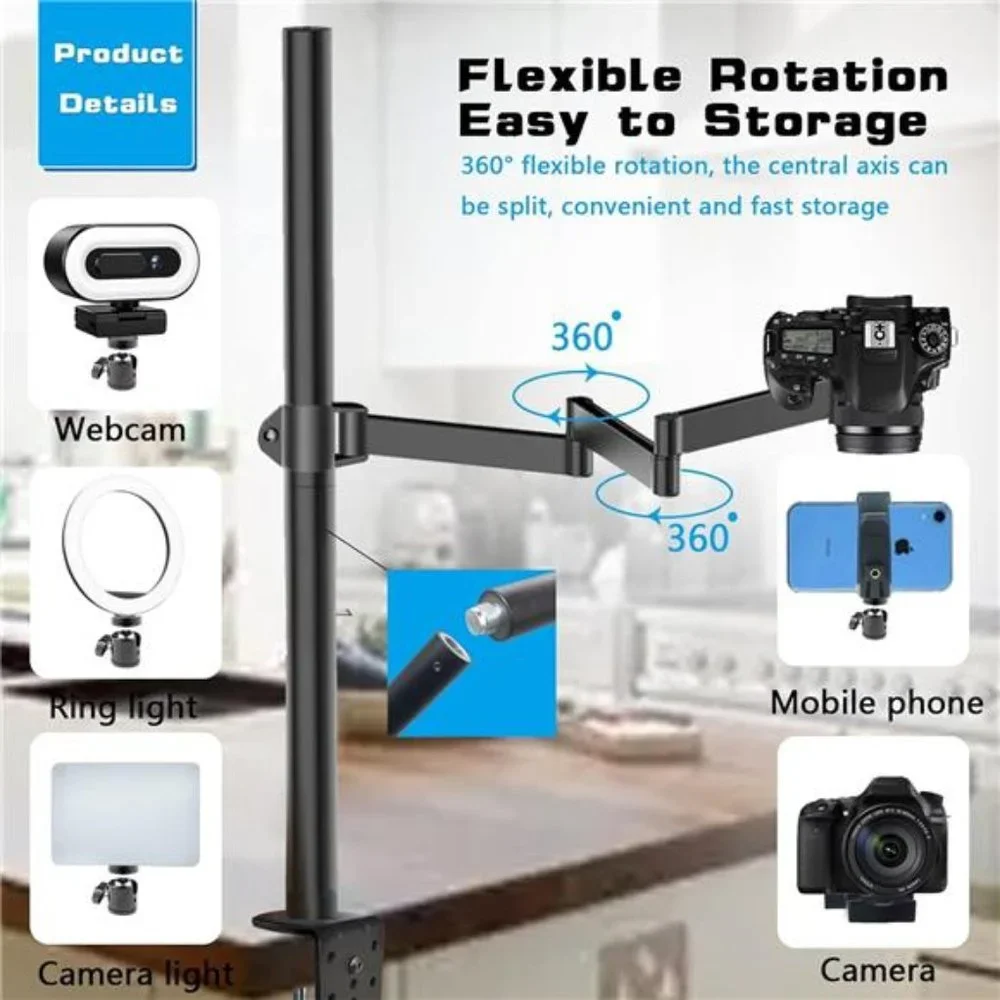 Heavy Desktop Overhead Camera Mount Rig Stand w/ Flexible Arm and 360° Ball Head
